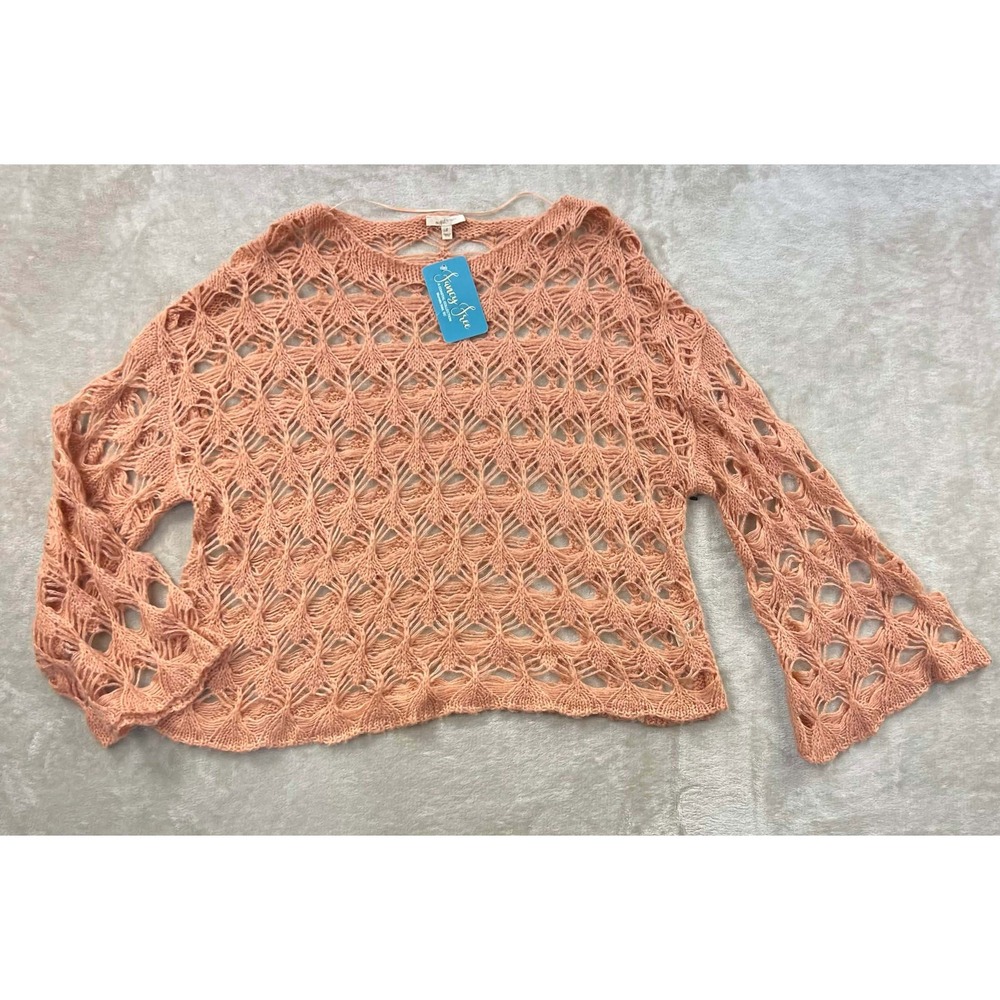 Mystree Women Peach Coral Open Knit Crochet Sweater Bell Sleeve 16595 Small NWT